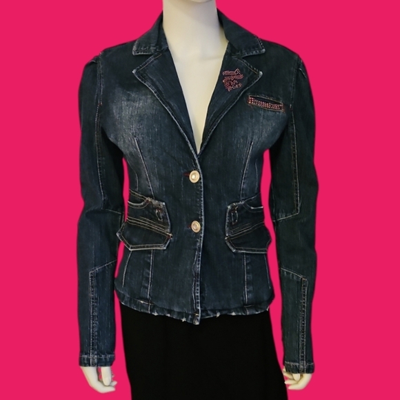 ROCAWEAR Distressed Denim Pink Bedazzled Glam Rock Jean Jacket - Picture 1 of 12